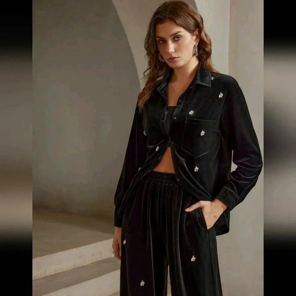 2pcs Fashionable Retro Commuter Velvet Studded Set For Women - Picture 2 of 6